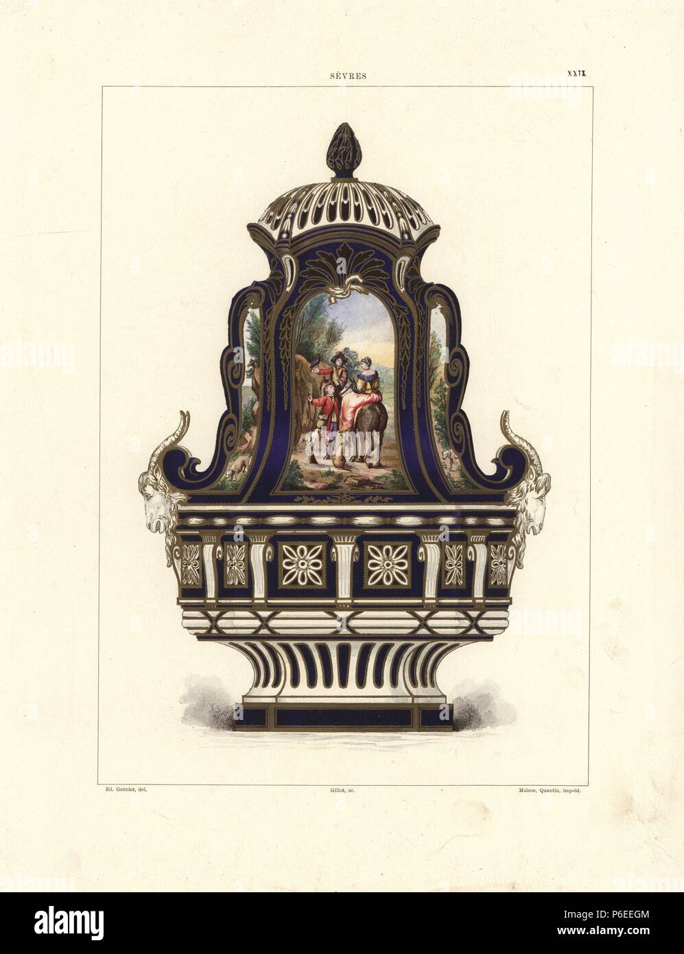 Copenhagen vase in blue, white and gold with pastoral scenes and ram head handles. Chromolithograph by Gillot of an illustration by Edouard Garnier from The Soft Paste Porcelain of Sevres, Maison Quantin, Paris, 1891. Stock Photo