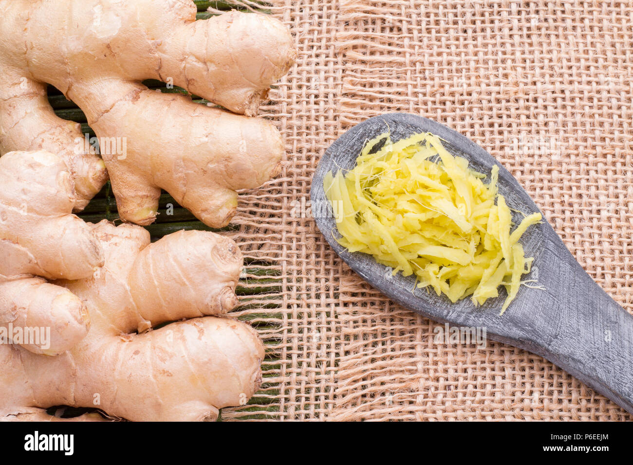 ginger roots on the table, top view Stock Photo