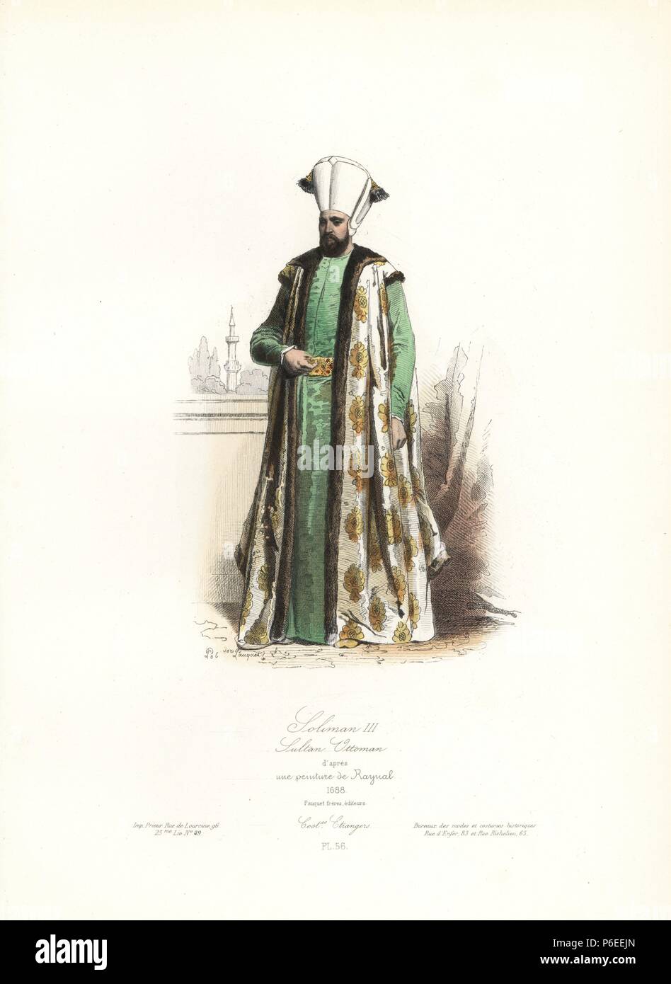 Sultan Suleiman III, after a painting by Raynal, 17th century. Handcoloured steel engraving by Polydor Pauquet from the Pauquet Brothers' 'Modes et Costumes Etrangers Anciens et Modernes' (Foreign Fashions and Costumes Ancient and Modern), Paris, 1865. Hippolyte (b. 1797) and Polydor Pauquet (b. 1799) ran a successful publishing house in Paris in the 19th century, specializing in illustrated books on costume, birds, butterflies, anatomy and natural history. Stock Photo