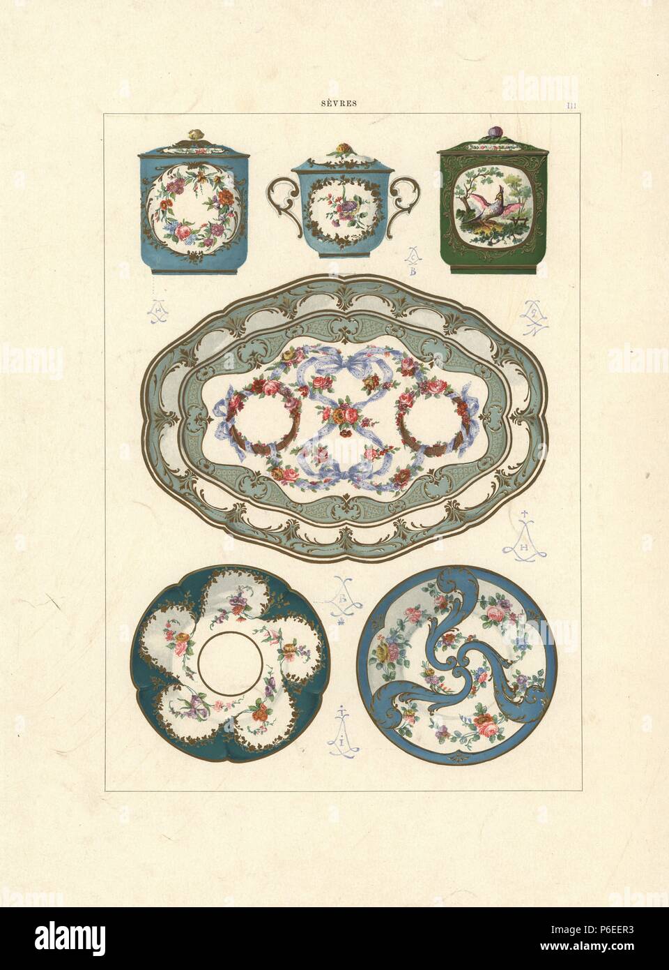 Fonds partiels (partial background) porcelain: cosmetic pot 1760, cream pot with flowers by Barre 1754, cosmetic pot decorated by Aloncle 1759, tete-a-tete plate by Binet 1760, saucer with flowers by Taillander 1754, and saucer decorated by Binet 1761. Chromolithograph by Gillot of an illustration by Edouard Garnier from The Soft Paste Porcelain of Sevres, Maison Quantin, Paris, 1891. Stock Photo