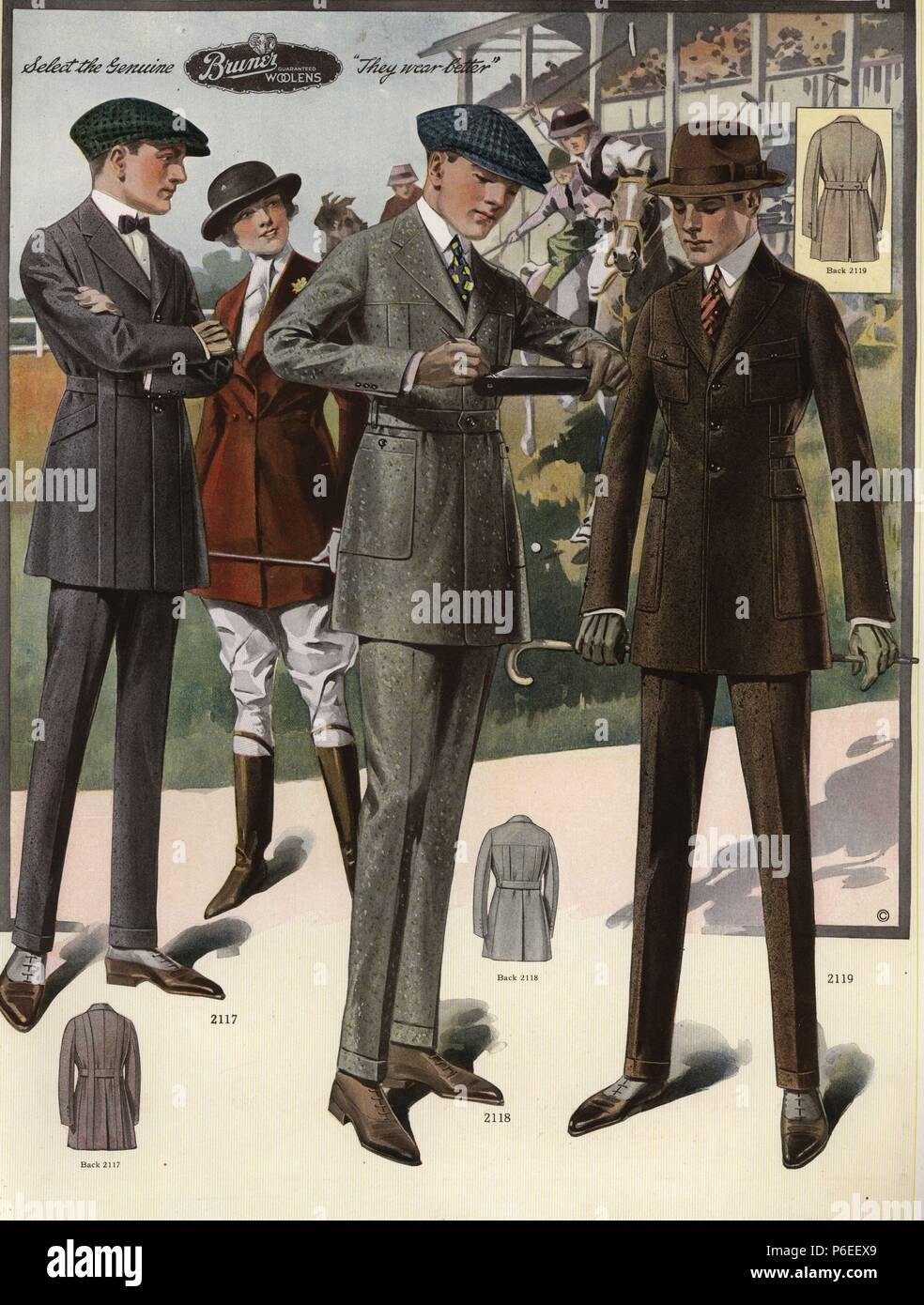 Men's single-breasted suits in sack, men in spats and cloth caps. Scene ...