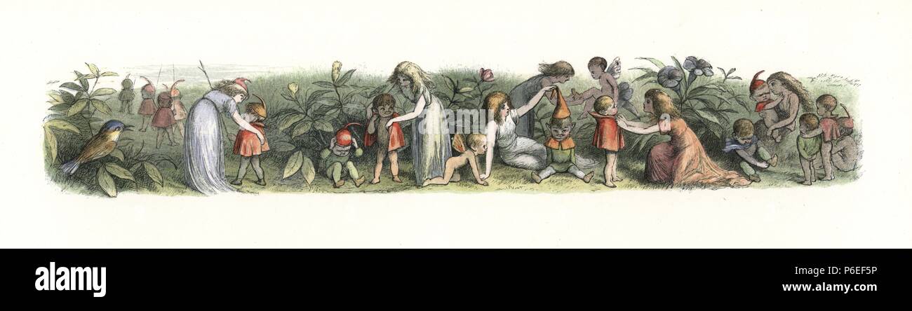 Fairies dressing baby-elves in capes and hats. Handcoloured woodblock print by Edmund Evans after an illustration by Richard Doyle from In Fairyland, a series of Pictures from the Elf World, Longman, London, 1870. Stock Photo