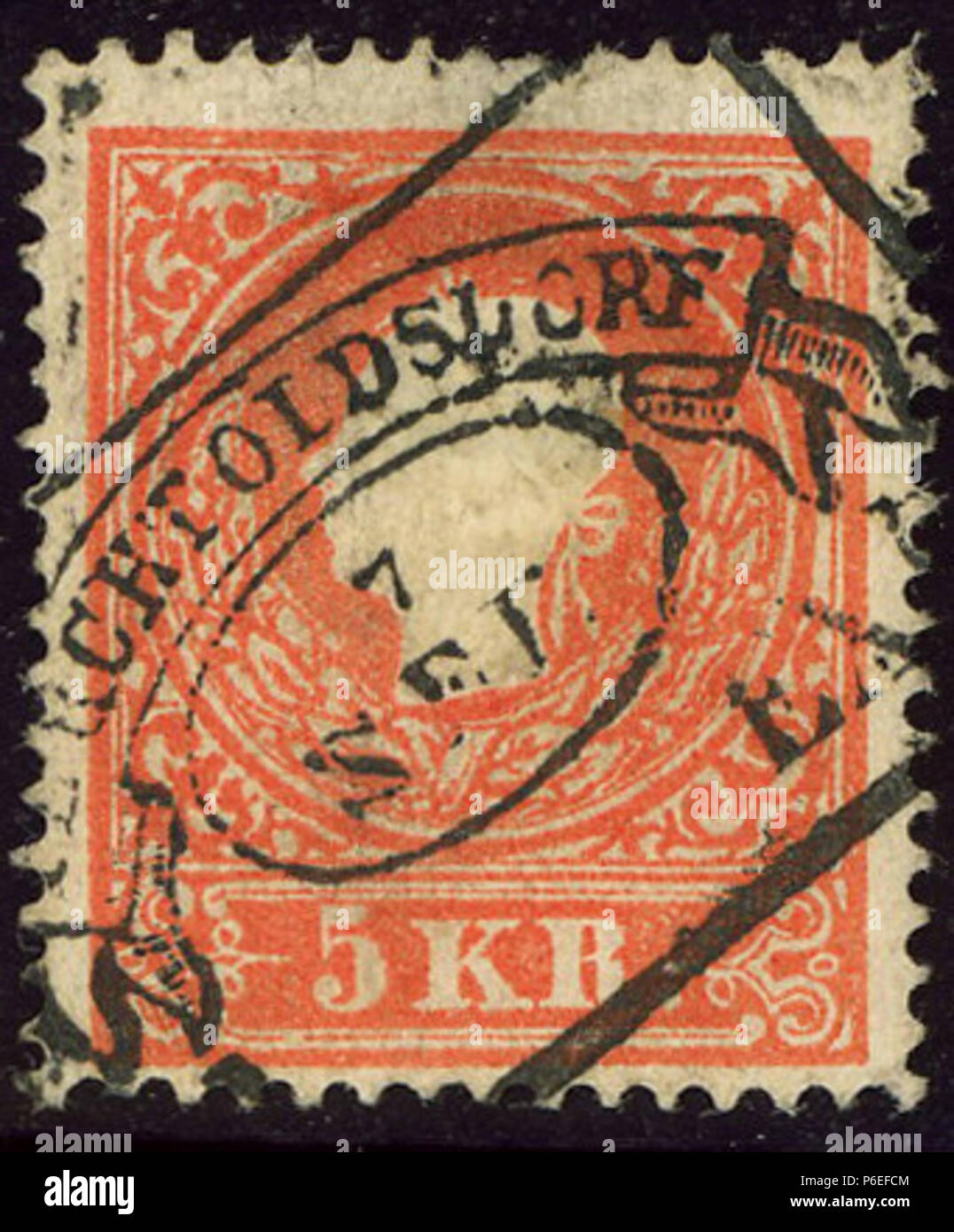 English: 5 kr issue 1859 cancelled Mueller type RyB-ROeh in Perchtoldsdorf, Lower Austria (Mödling district, in Vienna 1938-1954). 1859ca (scan 2012-07-25) 2 5kr RyB-ROeh Perchtoldsdorf Stock Photo