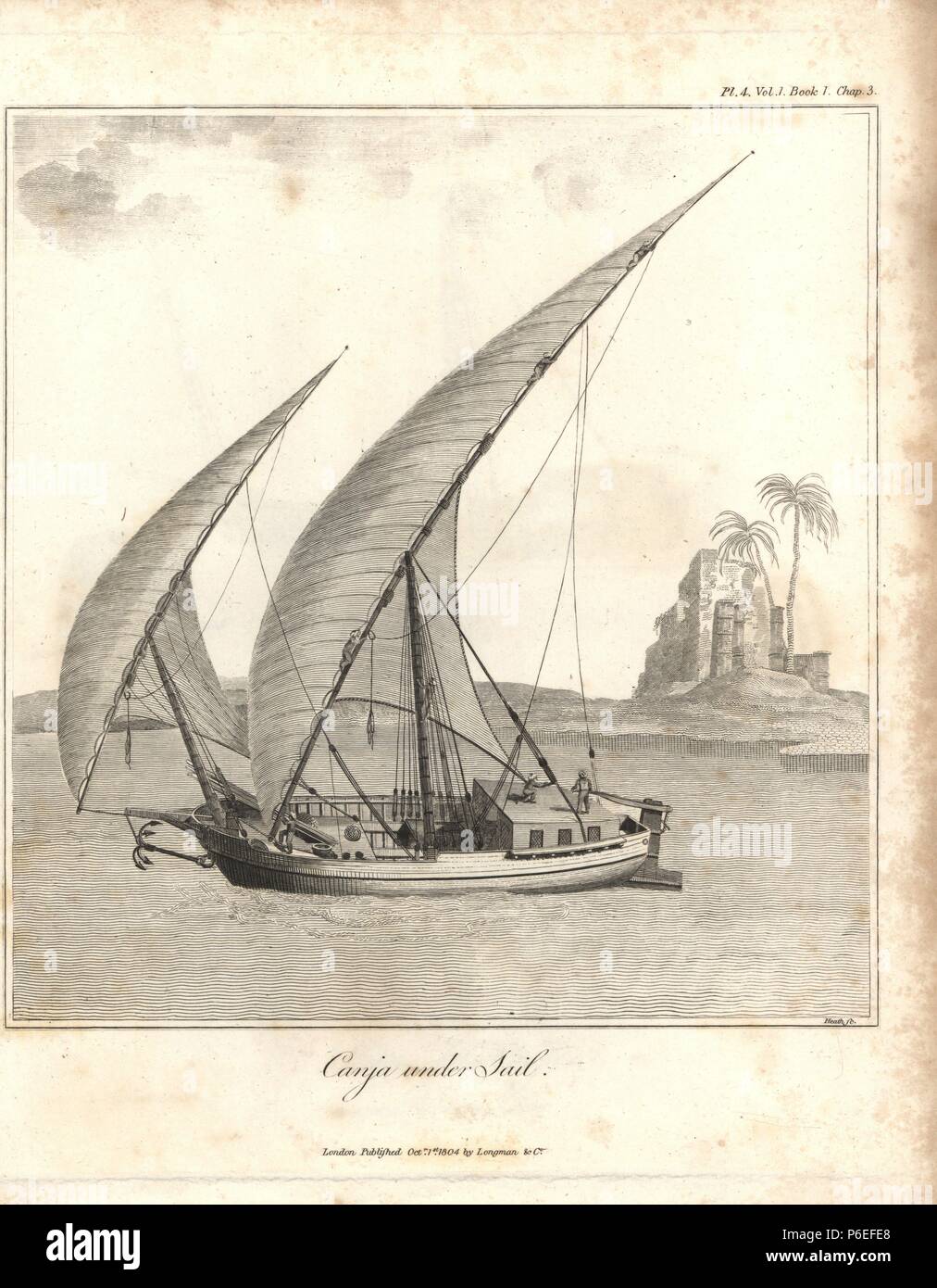 Egyptian Canja under sail. Copperplate engraving from James Bruce's 'Travels to Discover the Source of the Nile, in the years 1768, 1769, 1770, 1771, 1772 and 1773,' London, 1790. James Bruce (1730-1794) was a Scottish explorer and travel writer who spent more than 12 years in North Africa and Ethiopia. Engraved by Heath after an original drawing by Bruce. Stock Photo