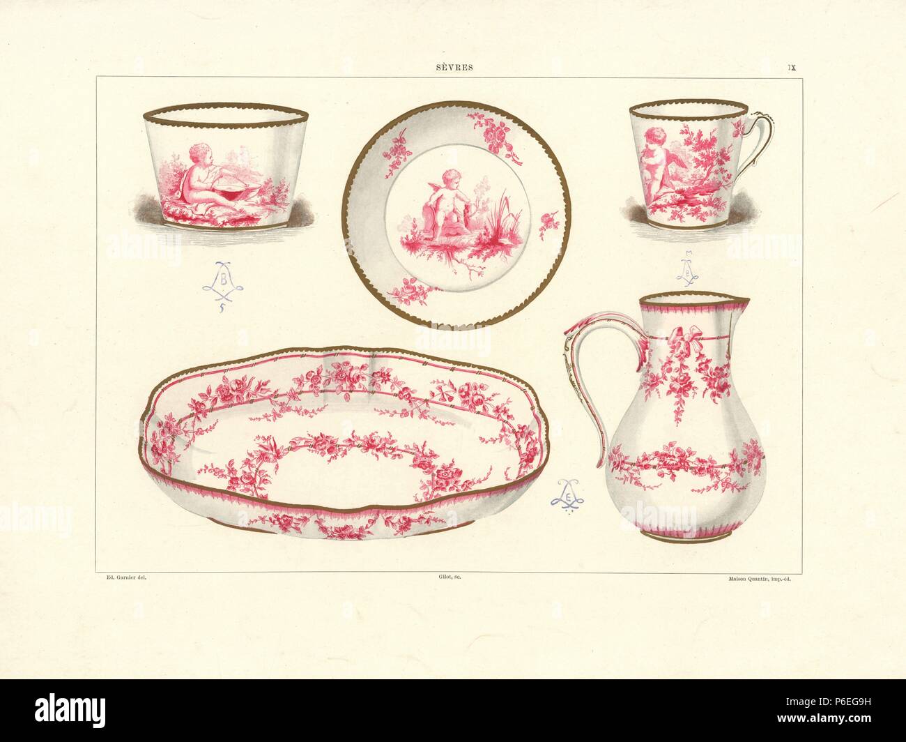 Camaieu decoration on Sevres pottery: small sugar bowl (sucrier) painted by Carrier 1754, obconic cup and saucer painted by Moiron 1754, and water jug and bowl with flowers by Tandard 1757. Chromolithograph by Gillot of an illustration by Edouard Garnier from The Soft Paste Porcelain of Sevres, Maison Quantin, Paris, 1891. Stock Photo
