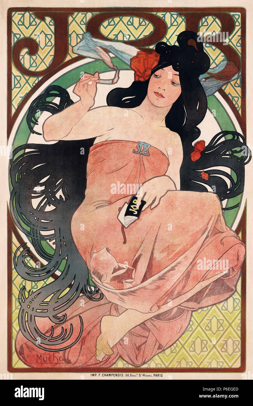 English: Art nouveau poster of woman, advertising JOB cigarette papers. Published in Paris by Imp. F. Champenois in 1898. 1898 56 JOB, cigarette paper advertisement by Alfons Mucha, 1898 Stock Photo