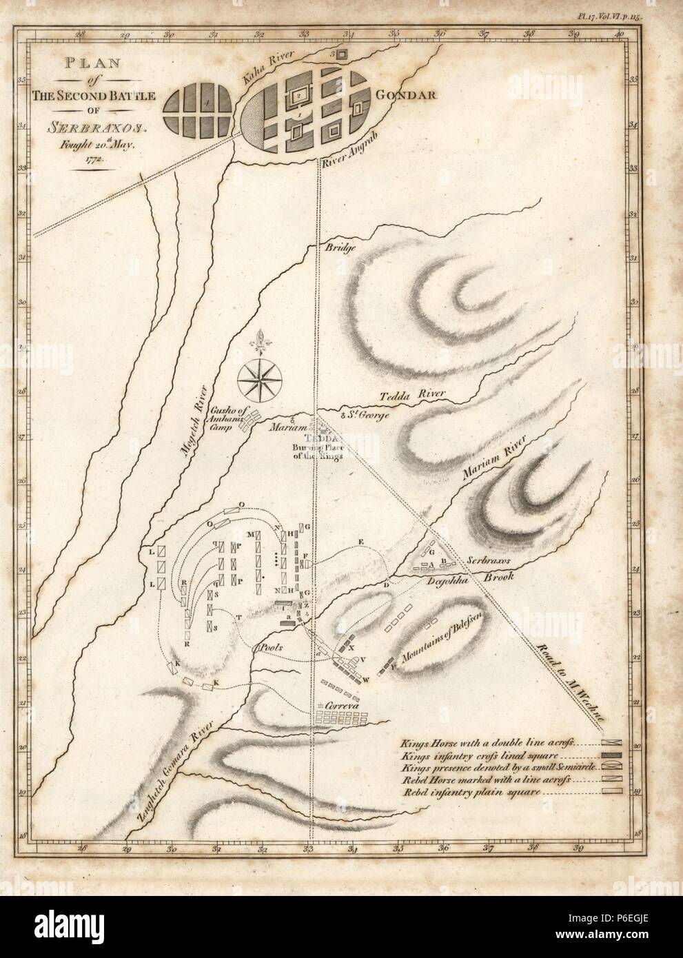 Plan of the second battle of Serbraxos, 20 May 1772. Copperplate engraving from James Bruce's 'Travels to Discover the Source of the Nile, in the years 1768, 1769, 1770, 1771, 1772 and 1773,' London, 1790. James Bruce (1730-1794) was a Scottish explorer and travel writer who spent more than 12 years in North Africa and Ethiopia. Engraved by Heath after an original drawing by Bruce. Stock Photo