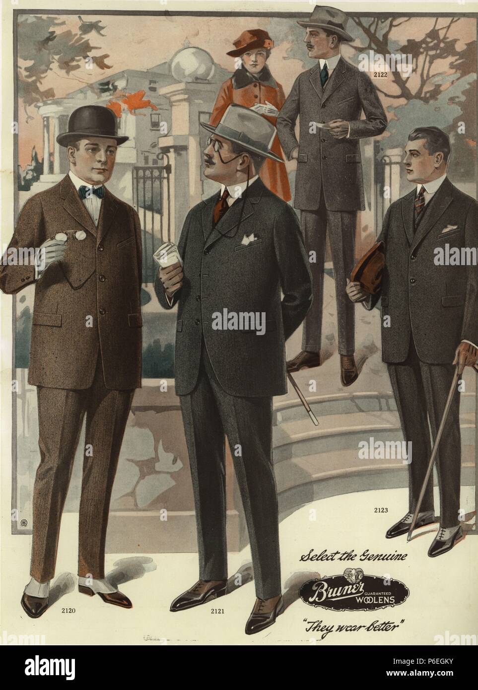 Men's conservative single-breasted suits in sack. Chromolithograph from a catalog of male winter fashions from Bruner Woolens, 1920. Stock Photo