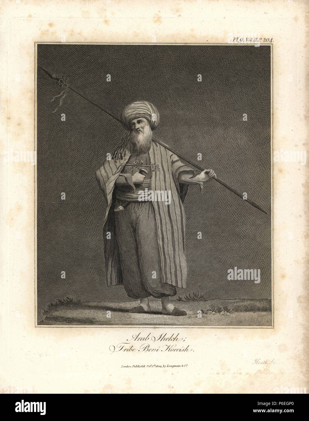 Arab sheikh, tribe Beni Koreish, in turban and robes, with spear and dagger. Copperplate engraving from James Bruce's 'Travels to Discover the Source of the Nile, in the years 1768, 1769, 1770, 1771, 1772 and 1773,' London, 1790. James Bruce (1730-1794) was a Scottish explorer and travel writer who spent more than 12 years in North Africa and Ethiopia. Engraved by Heath after an original drawing by Bruce. Stock Photo
