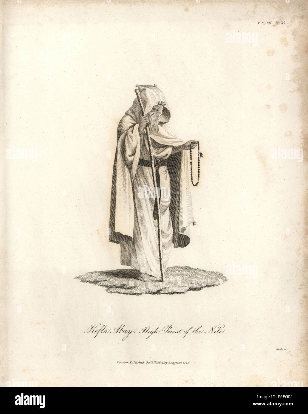 Kefla Abay, high priest of the Nile, in robes with staff and prayer beads. Copperplate engraving from James Bruce's 'Travels to Discover the Source of the Nile, in the years 1768, 1769, 1770, 1771, 1772 and 1773,' London, 1790. James Bruce (1730-1794) was a Scottish explorer and travel writer who spent more than 12 years in North Africa and Ethiopia. Engraved by Heath after an original drawing by Bruce. Stock Photo