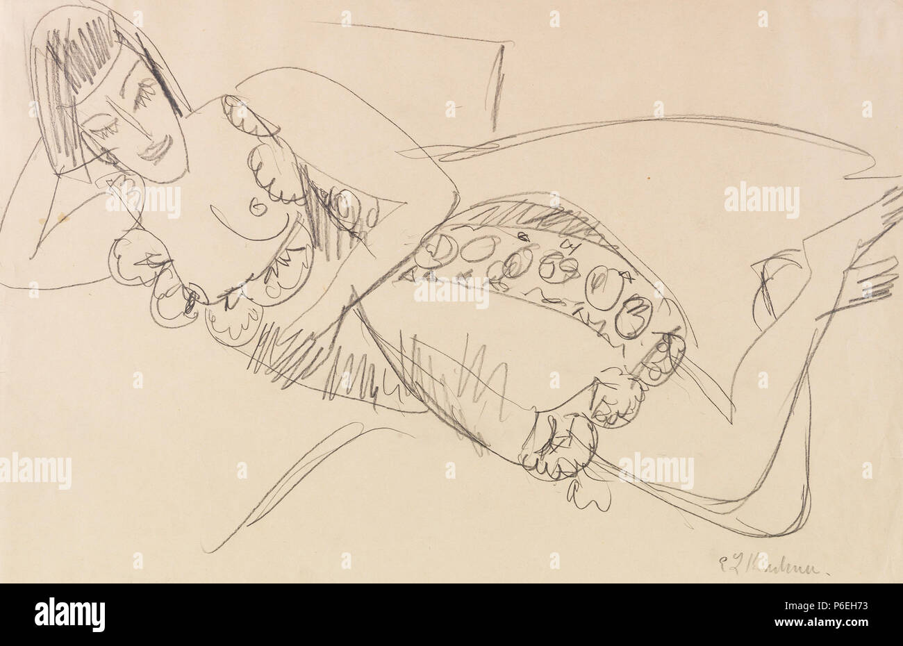 Deutsch: Liegender Frauenakt. Bleistiftzeichnung. Rechts unten signiert. Verso mit dem Nachlassstempel des Kunstmuseums Basel (Lugt 1570b) und der handschriftlichen Registriernummer 'B Be/Bg 17'. Auf chamoisfarbenem Zeichenpapier. 31 x 47,2 cm . circa 1915 42 Ernst Ludwig Kirchner Liegender Frauenakt c1915 Stock Photo