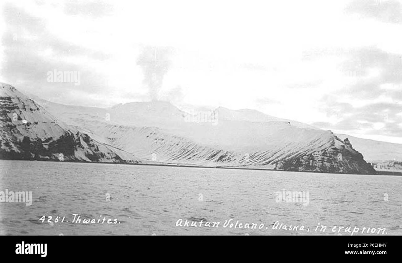 . English: Akutan Volcano during eruption, ca. 1910 . English: Caption on image: Akutan Volcano, Alaska, in eruption PH Coll 247.592 Akutan Volcano is located on west-central Akutan Island, southwest of the tip of the Alaska Peninsula. The communities of Unalaska and Dutch Harbor lie to the southwest. This stratovolcano contains an active cinder cone. Akutan Volcano is one of the most active volcanoes in the Aleutian arc. At least 27 separate eruptive episodes have been noted since 1790. Subjects (LCTGM): Akutan Peak (Alaska); Volcanic eruptions--Alaska; Volcanoes--Alaska; Mountains--Alaska; A Stock Photo
