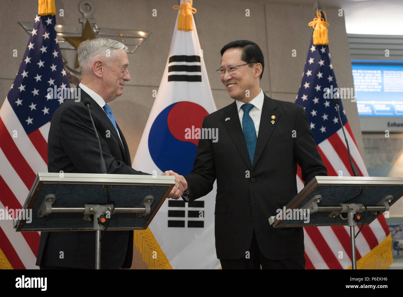 U.S. Secretary of Defense James N. Mattis meets with Song Young-moo, the minister of national defense for the Republic of Korea, at the South Korean Defense Ministerial Seoul, South Korea, June 28, 2018. (DoD photo by Army Sgt. Amber I. Smith) Stock Photo