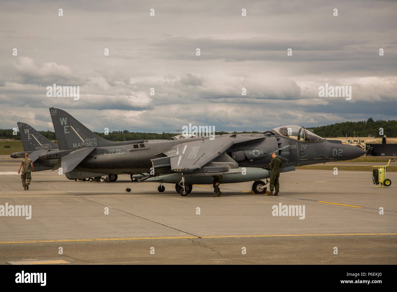 Marine Attack Squadron (VMA) 214 AV-8B Harriers arrive at Joint Base Elmendorf-Richardson, Alaska, June 27, 2018. VMA-214 will participate in the 2018 Arctic Thunder Air Show with a flyby, hover demonstration, and a static display. (U.S. Marine Corps photo by Lance Cpl. Sabrina Candiaflores) Stock Photo