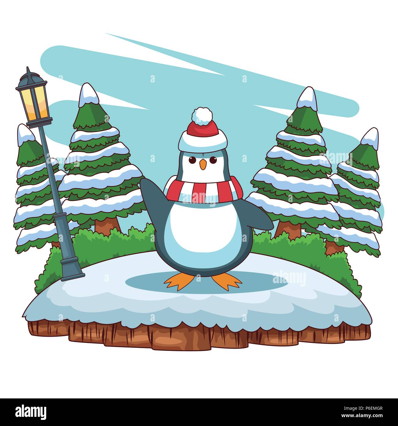 Cute penguin in forest at winter vector illustration graphic design Stock Vector