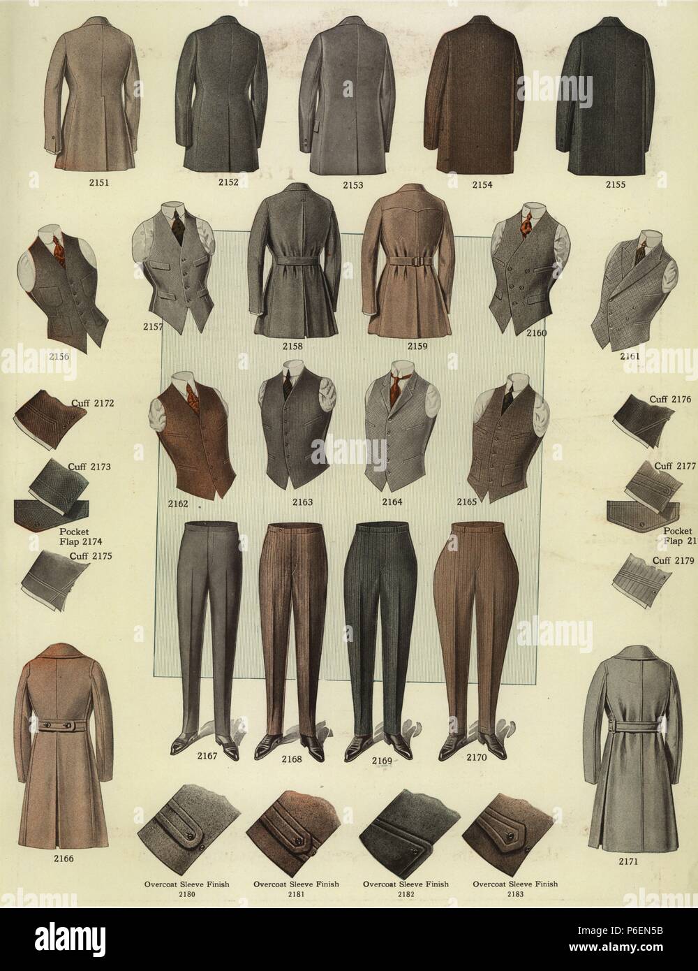 Men's fashions from the 1920s, including overcoats, vests, waistcoats,  trousers and spats and details of cuffs. Chromolithograph from a catalog of  male winter fashions from Bruner Woolens, 1920 Stock Photo - Alamy