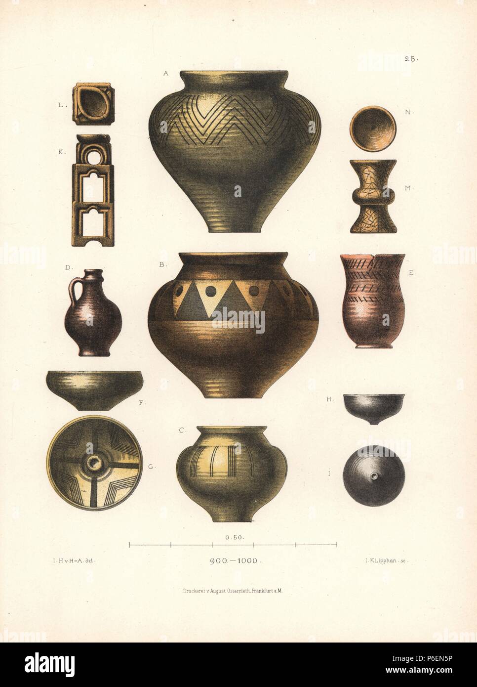 Examples of German pottery from the 10th century. Chromolithograph from  Hefner-Alteneck's "Costumes, Artworks and Appliances from the Middle Ages  to the 17th Century," Frankfurt, 1879. Illustration by Dr. Jakob Heinrich  von Hefner-Alteneck,