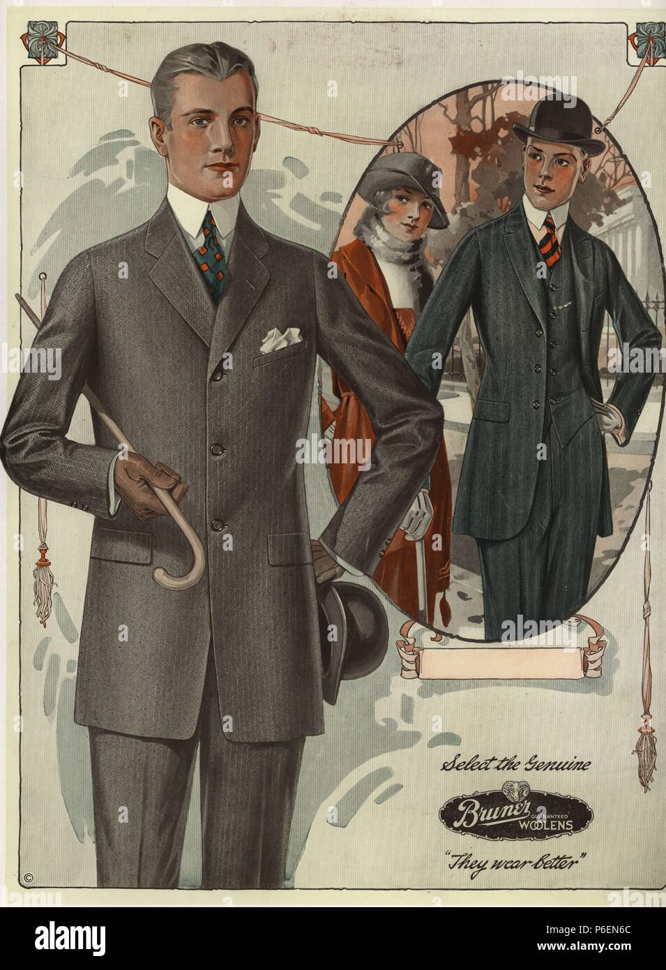 Men's single-breasted suits in sack. Chromolithograph from a catalog of male winter fashions from Bruner Woolens, 1920. Stock Photo