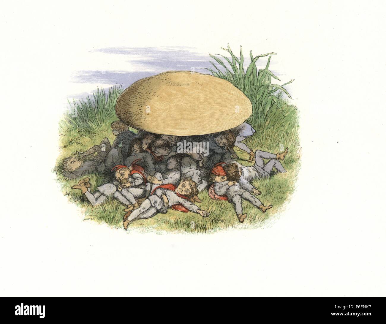 Elves sleeping under a toadstool. Handcoloured woodblock print by Edmund Evans after an illustration by Richard Doyle from In Fairyland, a series of Pictures from the Elf World, Longman, London, 1870. Stock Photo