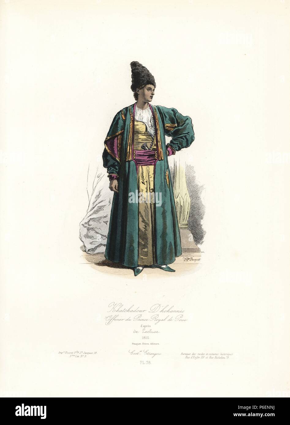 Khatchadour D'hohannes, officer of the Prince Royal of Persia, 1816, after de Lecluse. Handcoloured steel engraving by Hippolyte Pauquet from the Pauquet Brothers' "Modes et Costumes Etrangers Anciens et Modernes" (Foreign Fashions and Costumes Ancient and Modern), Paris, 1865. Hippolyte (b. 1797) and Polydor Pauquet (b. 1799) ran a successful publishing house in Paris in the 19th century, specializing in illustrated books on costume, birds, butterflies, anatomy and natural history. Stock Photo