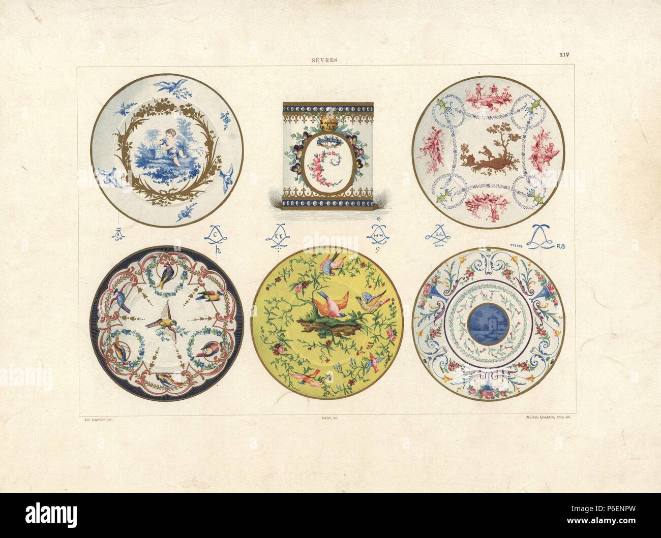 Plates with exceptional decoration: cupid by Vieillard 1753, plaque by Merault Jr. 1783, pastoral theme by Vieillard 1786, birds by Huny 1755, birds and flowers by Fontaine 1785, and blue vignette by Madame Maqueret 1785. Chromolithograph by Gillot of an illustration by Edouard Garnier from The Soft Paste Porcelain of Sevres, Maison Quantin, Paris, 1891. Stock Photo