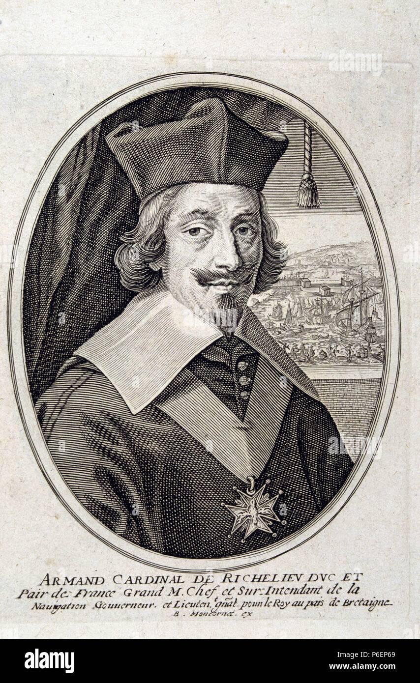 RICHELIEU , CARDENAL. ARMANDO JUAN DU PLESIS. POLITICO FRANCES. 1585 - 1642. GRABADO RETRATO. BIBLIOTECA NACIOINAL. MADRID. Stock Photo