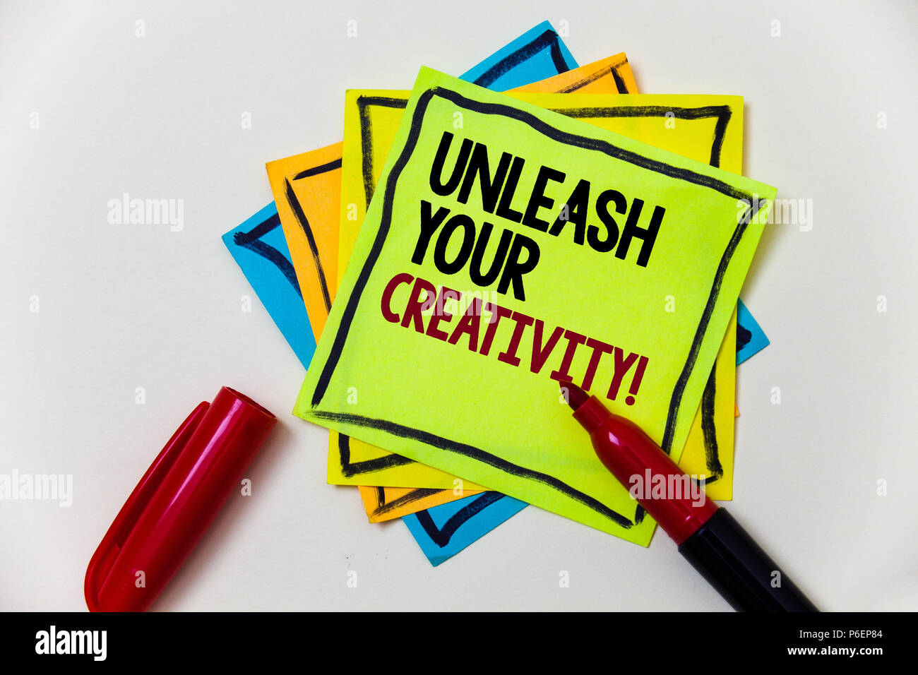 Writing note showing  Unleash Your Creativity Call. Business photo showcasing Develop Personal Intelligence Wittiness Wisdom Pen marker ideas markers  Stock Photo