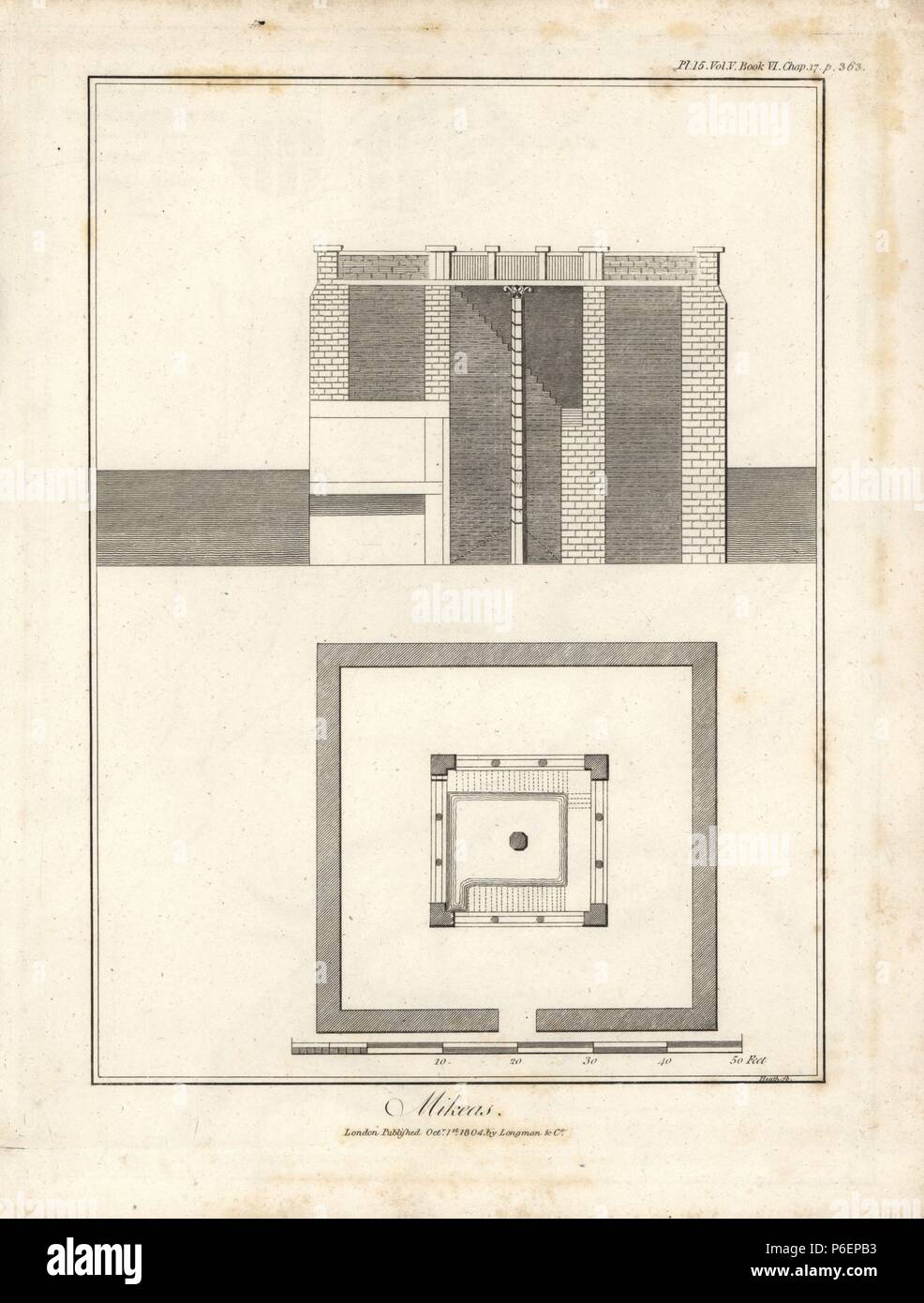Plan and elevation of a Mikeas. Copperplate engraving from James Bruce's 'Travels to Discover the Source of the Nile, in the years 1768, 1769, 1770, 1771, 1772 and 1773,' London, 1790. James Bruce (1730-1794) was a Scottish explorer and travel writer who spent more than 12 years in North Africa and Ethiopia. Engraved by Heath after an original drawing by Bruce. Stock Photo