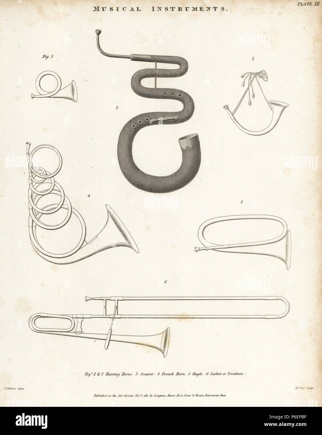 Hunting horns (1,2), serpent (3), French horn (4), bugle (5) and sacbut or  trombone (6). Brass and woodwind musical instruments. Copperplate engraving  by John Lee after a drawing by T. Webster from