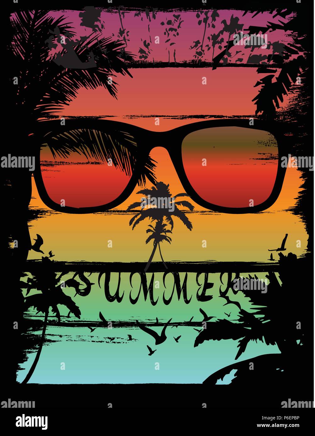 Sunset at tropical beach skull effect Stock Vector