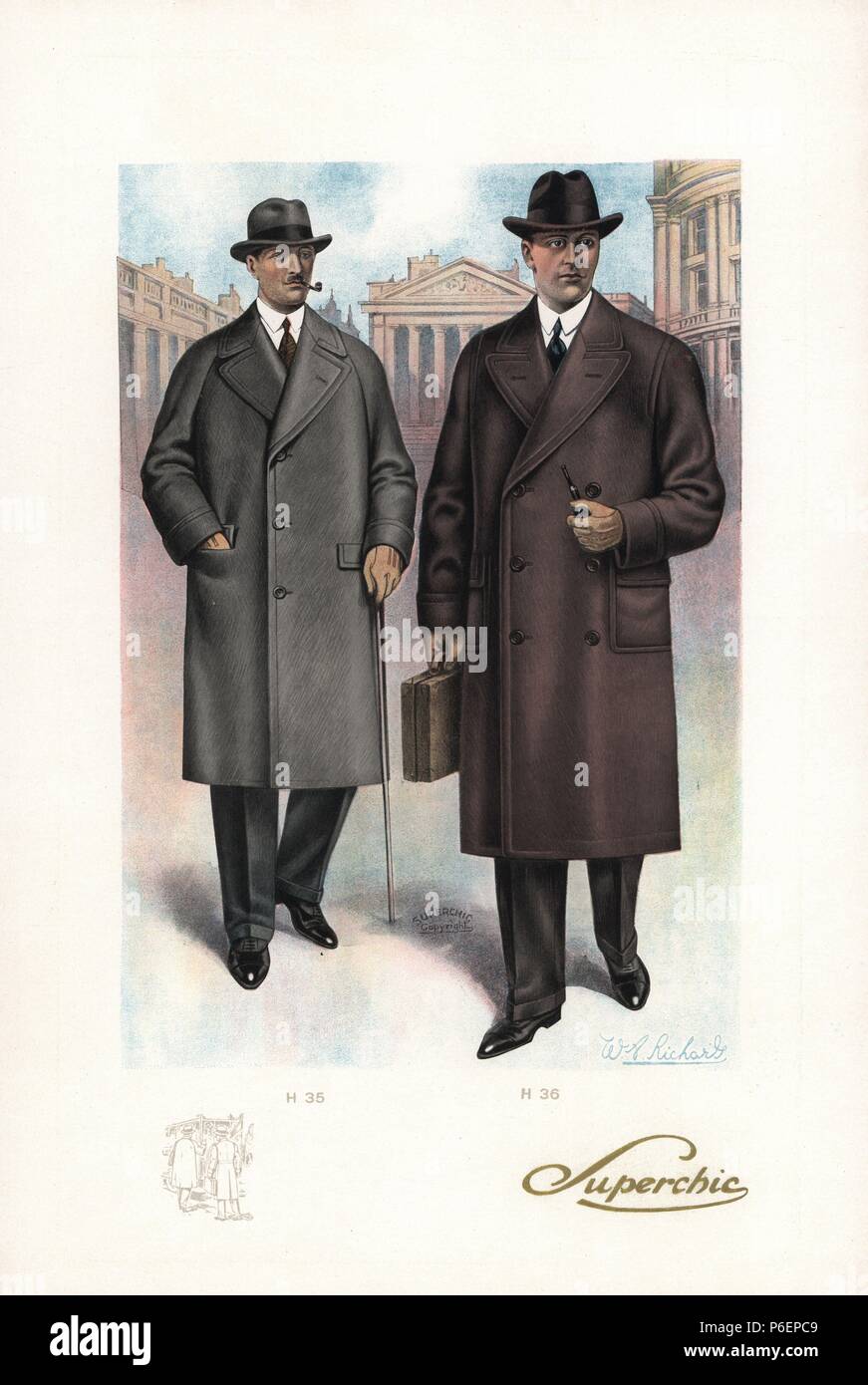 Man in three-button Raglan overcoat and man in double-breasted travel coat carrying a briefcase and smoking a pipe. In the background is the National Gallery, London. Color printed fashion plate by W. A. Richards from the winter catalogue of Superchic, London, 1929. Stock Photo