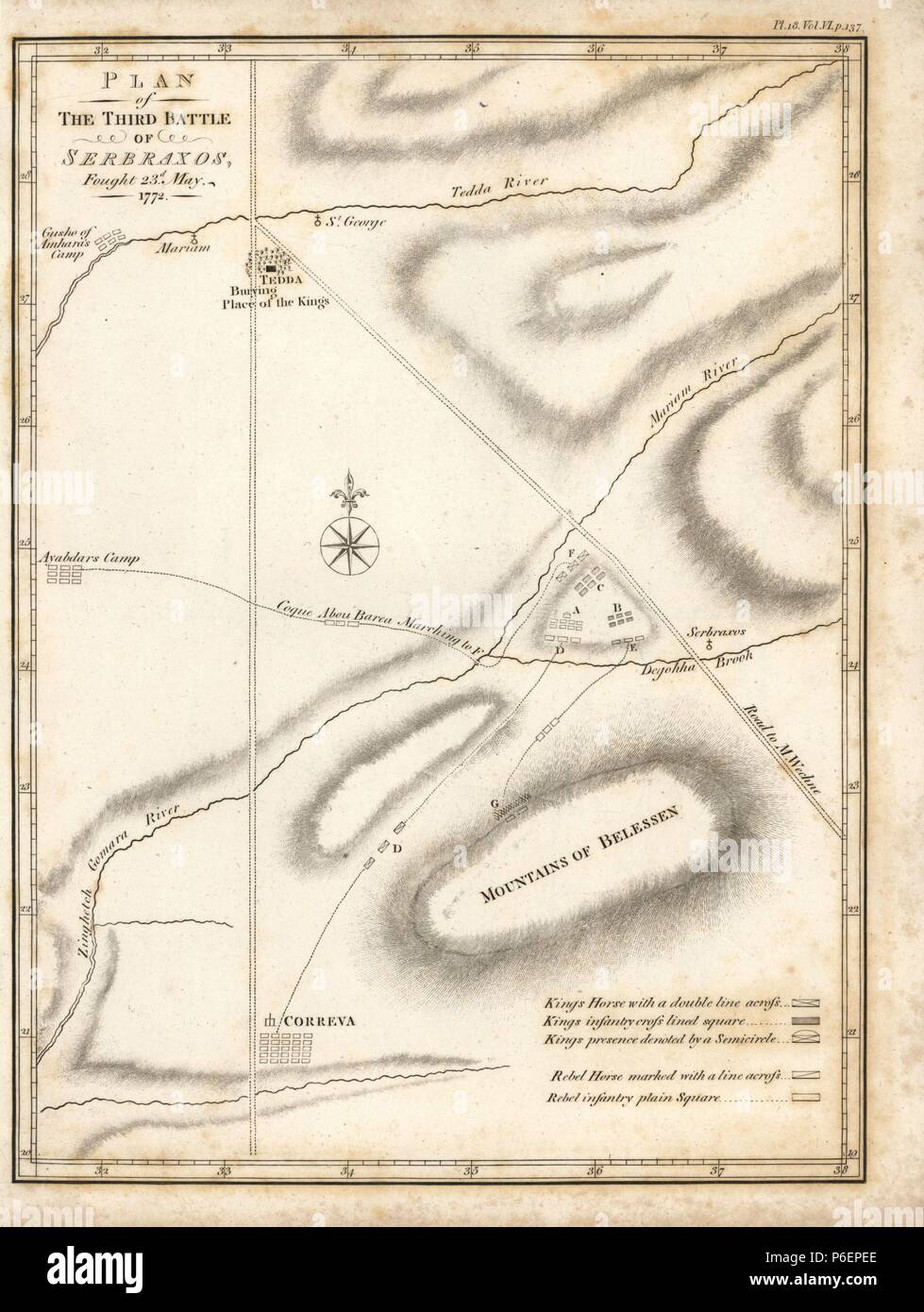 Plan of the third battle of Serbraxos, 23 May 1772. Copperplate engraving from James Bruce's 'Travels to Discover the Source of the Nile, in the years 1768, 1769, 1770, 1771, 1772 and 1773,' London, 1790. James Bruce (1730-1794) was a Scottish explorer and travel writer who spent more than 12 years in North Africa and Ethiopia. Engraved by Heath after an original drawing by Bruce. Stock Photo