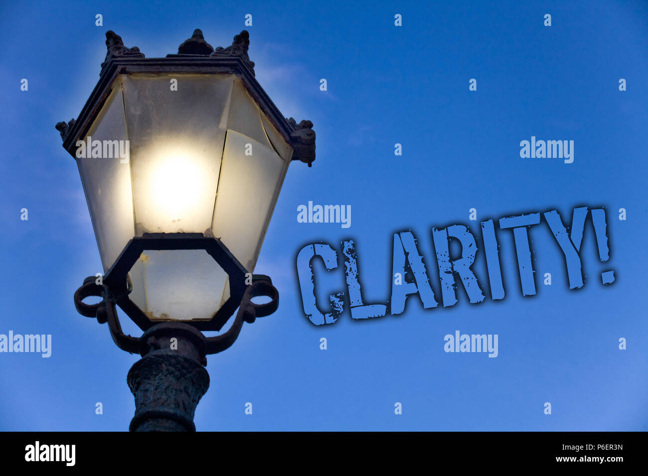 Text sign showing Clarity. Conceptual photo Certainty Precision Purity Comprehensibility Transparency Accuracy Light post blue sky enlighten ideas mes Stock Photo
