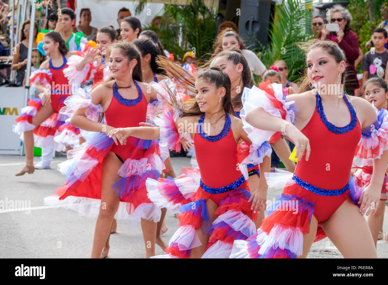 Florida,Coral Gables,Hispanic Cultural Festival,Latin American dance group,dancer performer performing,dancing,audience,Hispanic girl girls,female kid Stock Photo