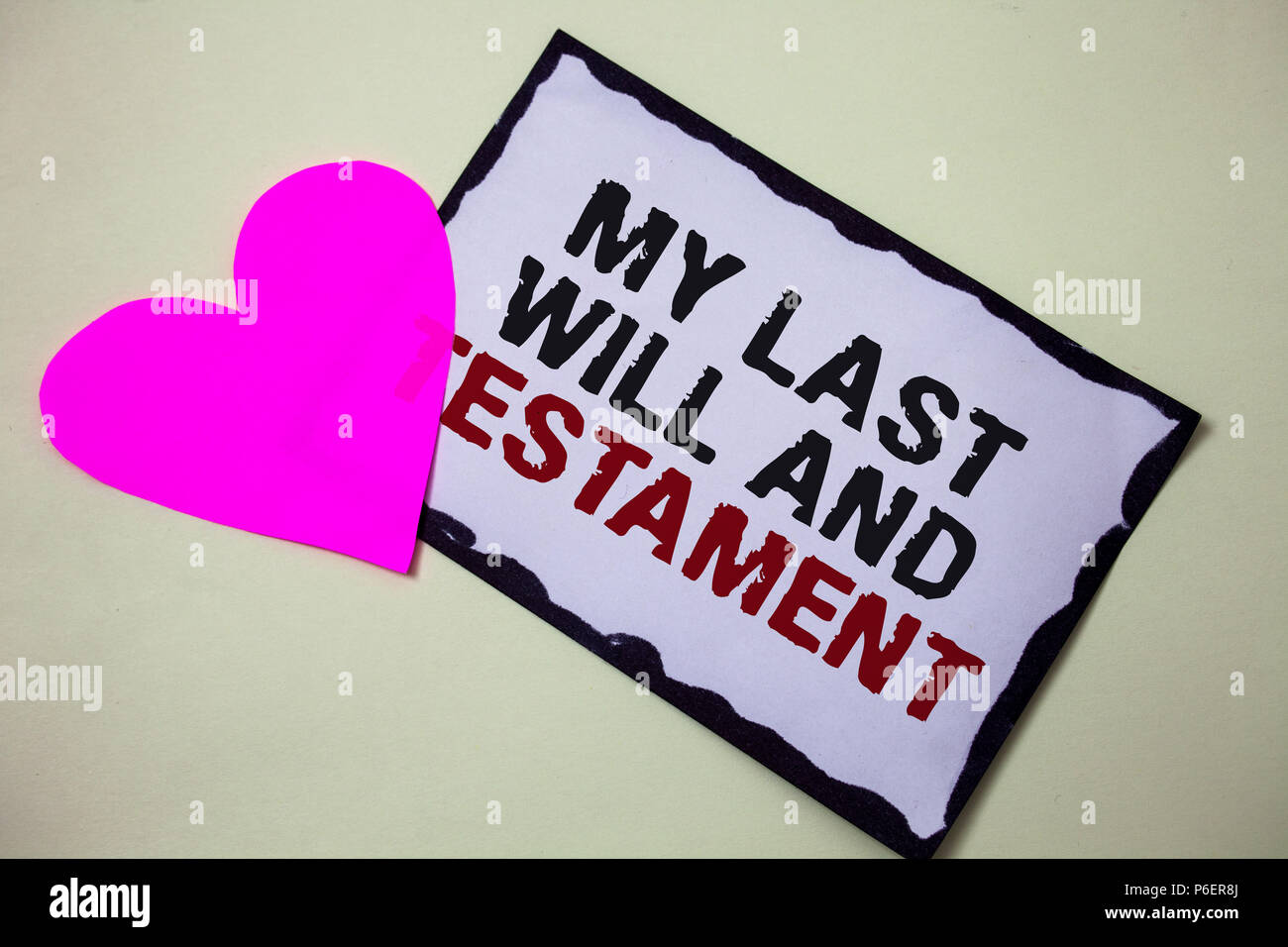 Text sign showing My Last Will And Testament. Conceptual photo List of things to be made after his or her death Hart love pink white background love l Stock Photo