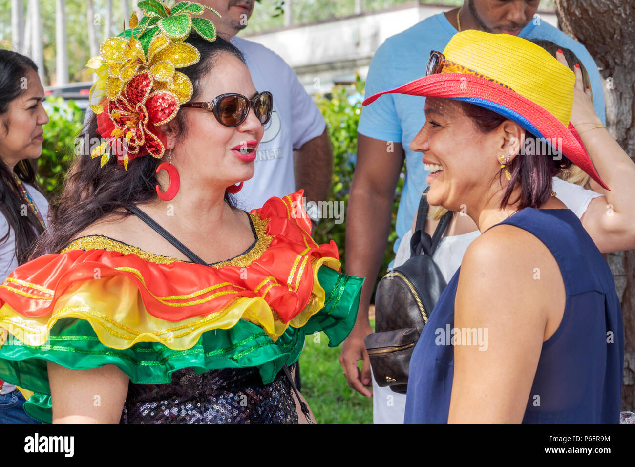 Florida,Coral Gables,Hispanic Cultural Festival,Latin American event,dancer performer,Colombian typical costume,Baile del Garabato,Barranquilla Carniv Stock Photo