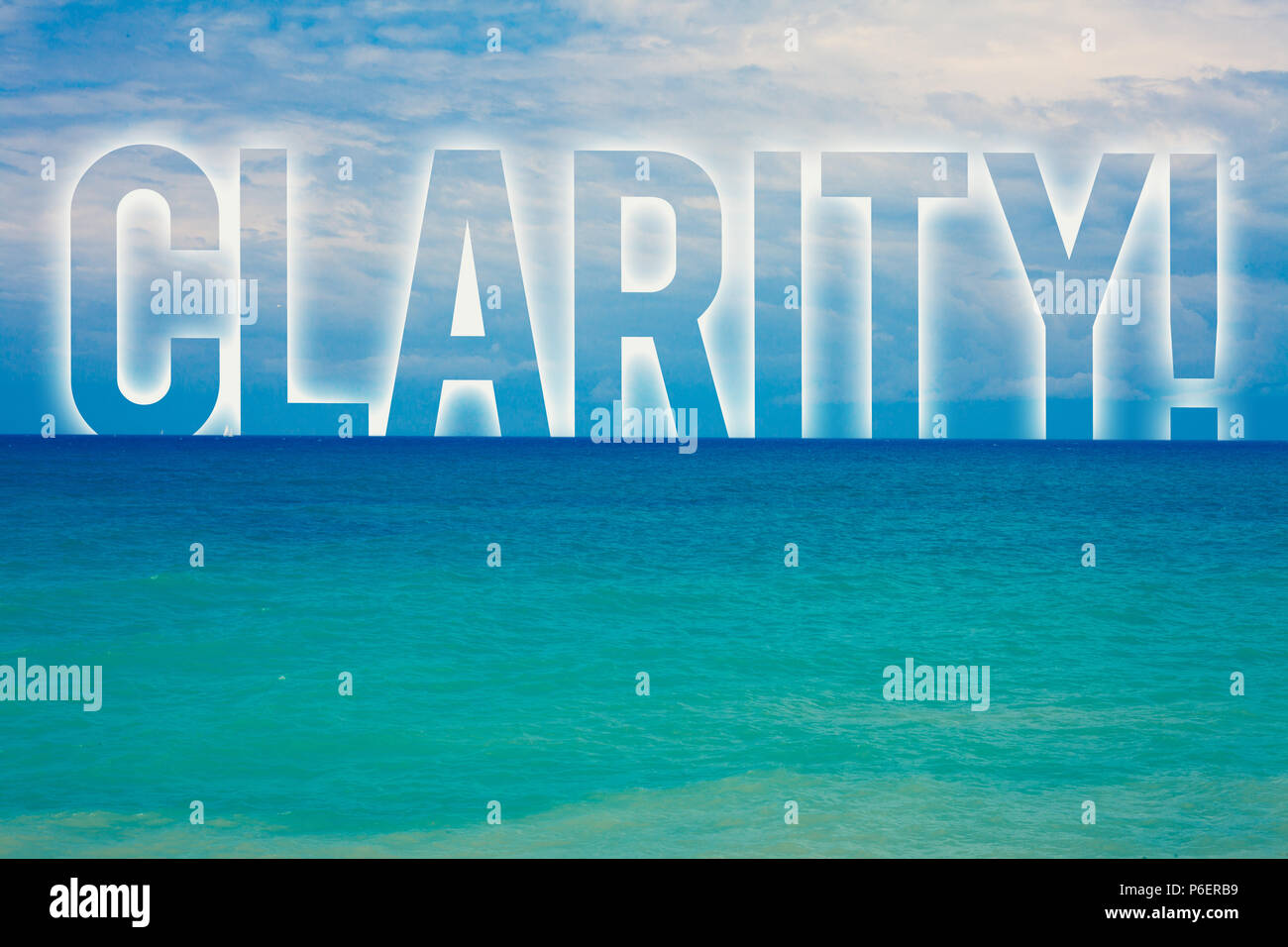 Word writing text Clarity. Business concept for Certainty Precision Purity Comprehensibility Transparency Accuracy Blue beach water cloudy clouds sky  Stock Photo