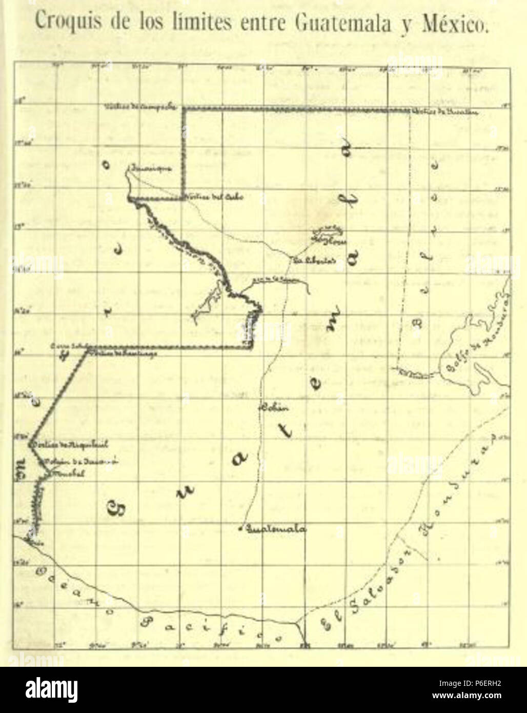 Español: Primer mapa de los límites establecidos entre Guatemala y México de acuerdo al tratado Herrera-Mariscal. 1897 62 Mapaguatelimites Stock Photo