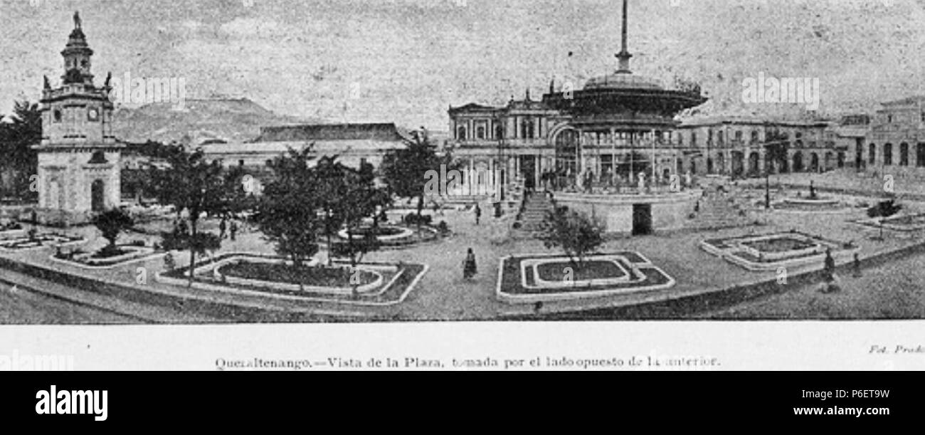 Español: Plaza de la Independencia, en Quetzaltenango. Publicada en La Locomotora, revista guatemalteca. 1907 59 La Locomotora 1906 Plaza de la Independencia Stock Photo