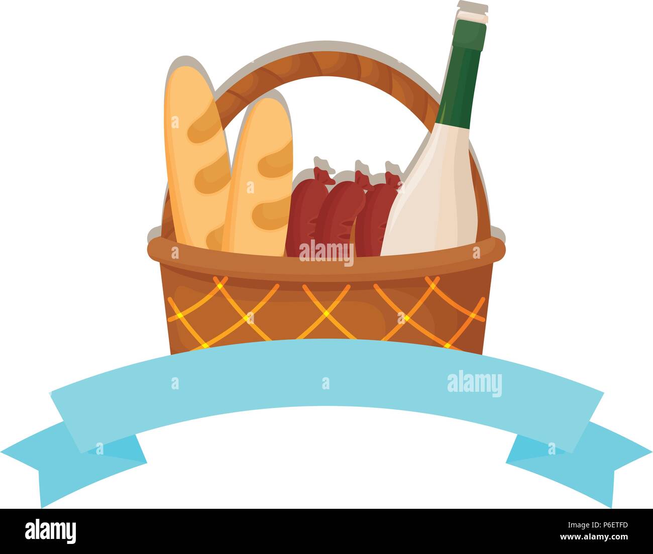 decorative ribbon with Picnic basket with sausages and champagne bottle icon over white