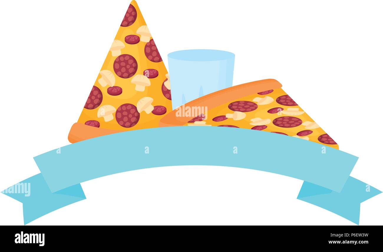 decorative ribbon with pizza slices and glass icon over white ...