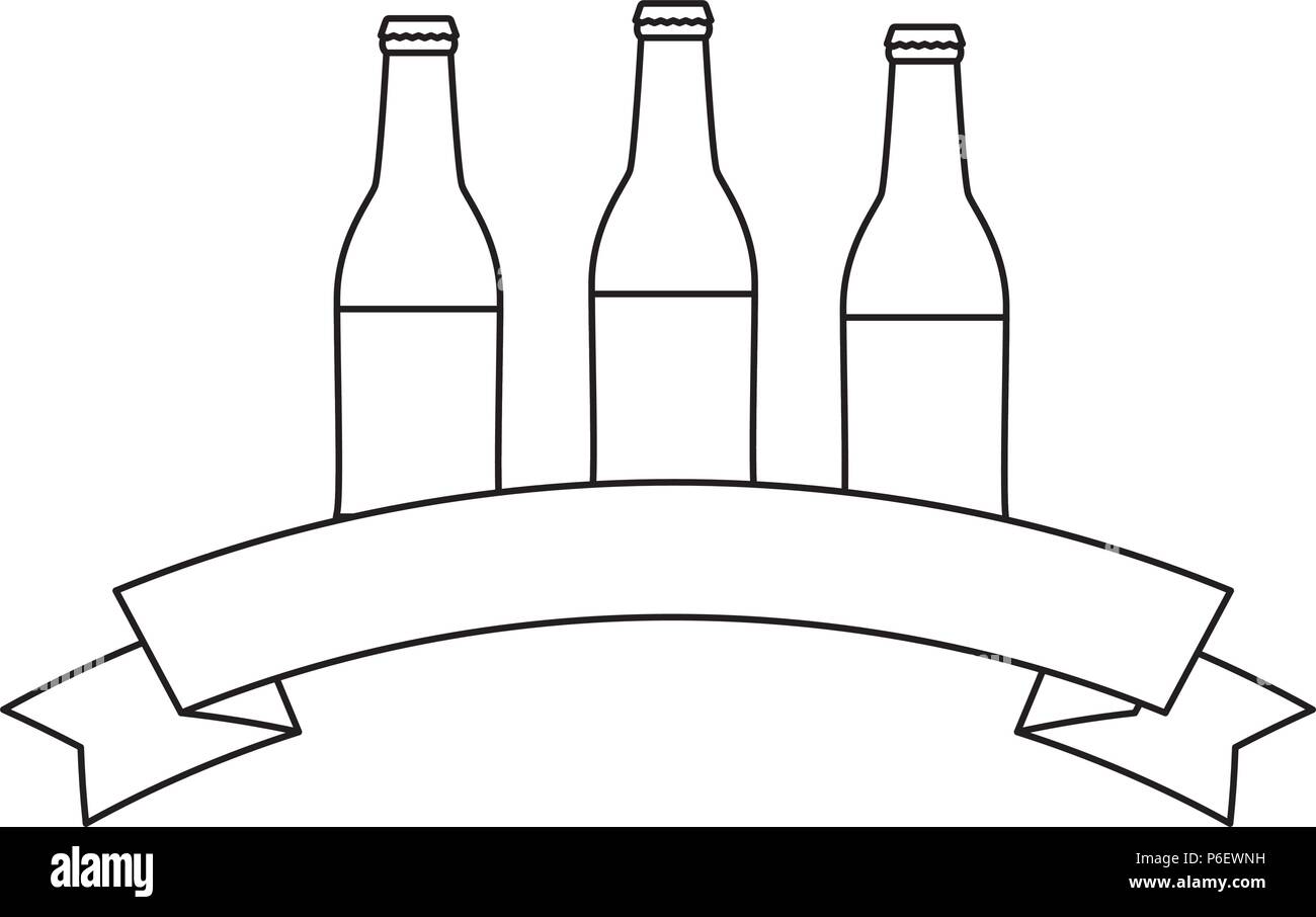 decorative ribbon with beer bottles icon over white background, vector