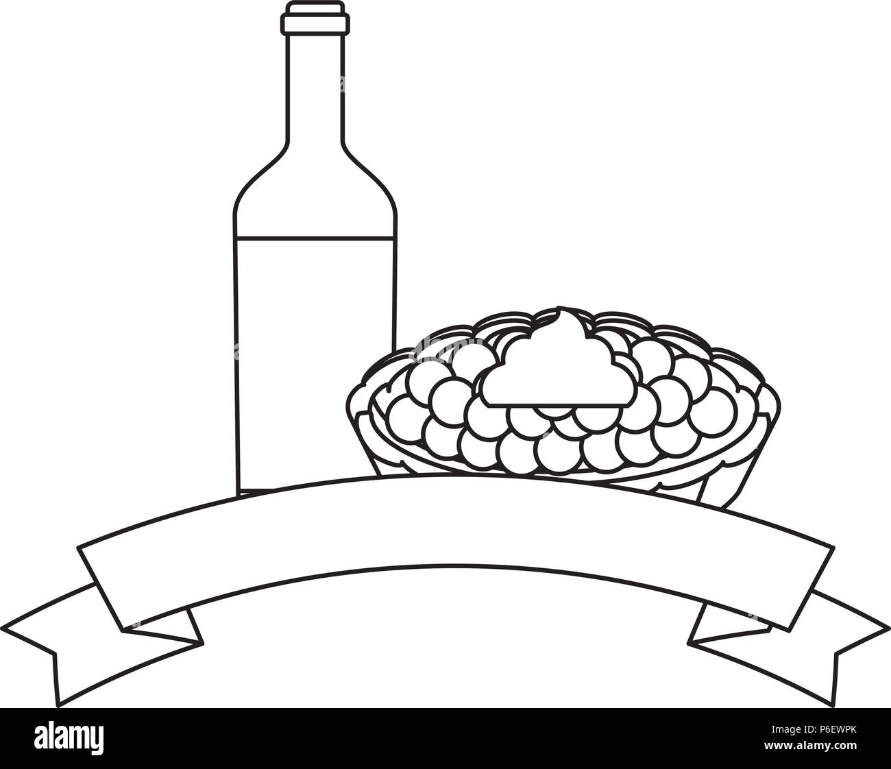 emblem with wine bottle and sweet pie icon over white background, vector illustration Stock Vector
