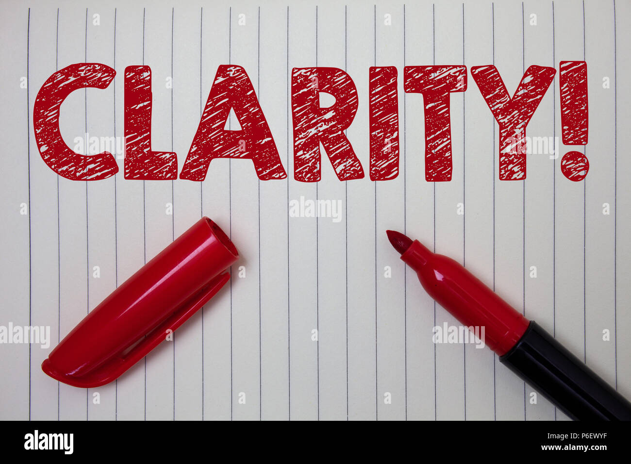 Word writing text Clarity. Business concept for Certainty Precision Purity Comprehensibility Transparency Accuracy Notebook paper background open mark Stock Photo