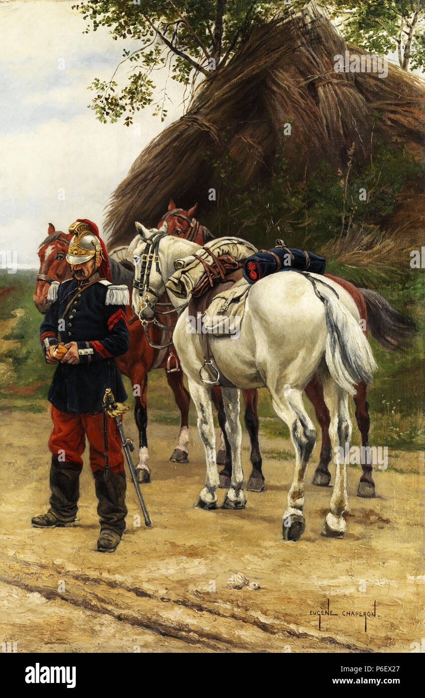 10 Eugene Chaperon Französischer Kavallerist vor seinem Schimmel Stock Photo