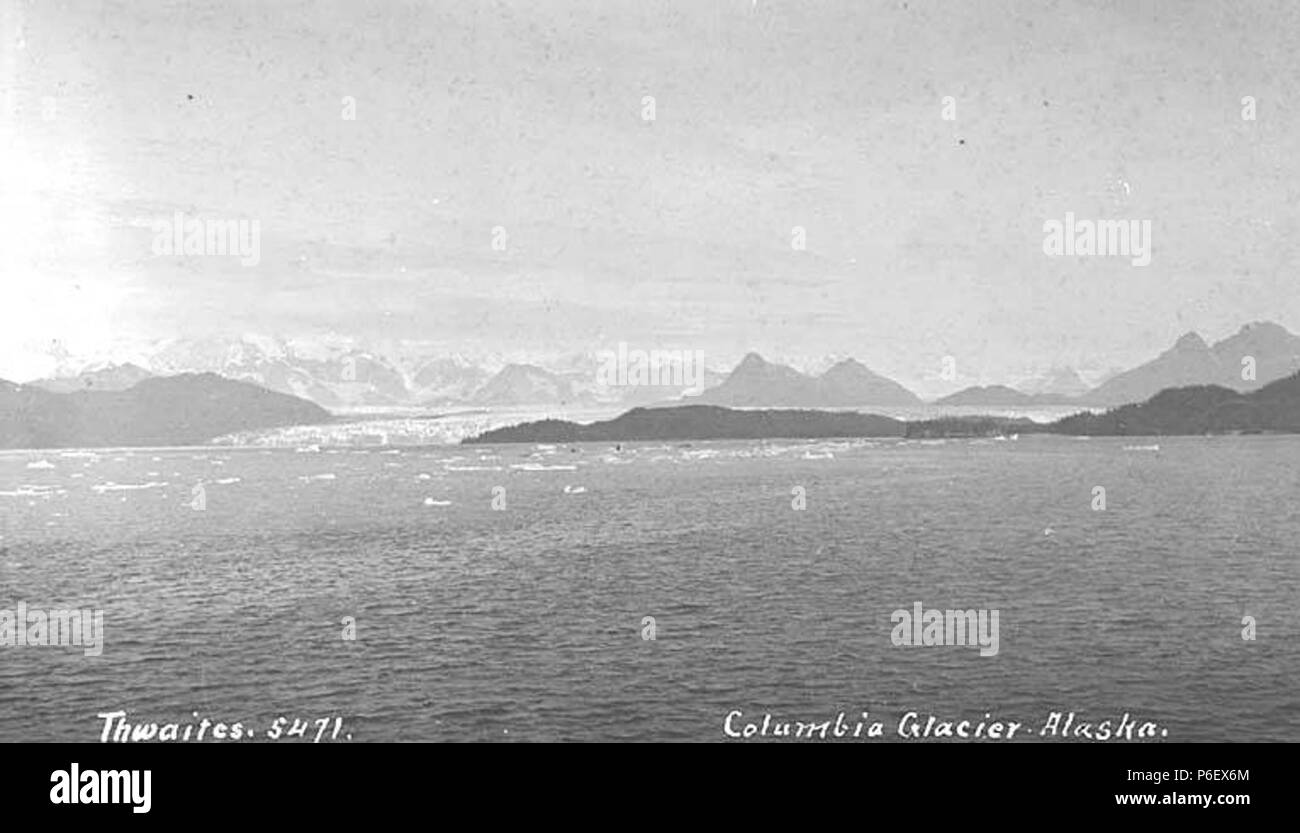. English: Columbia Glacier, ca. 1912 . English: Caption on image: Columbia Glacier, Alaska PH Coll 247.739 The Columbia Glacier is one of Alaska's better known tidewater glaciers -- those that empty directly into the sea -- both from the standpoint of tourist attraction and the model it provides for scientific investigation. In 1973 it became the object of close scientific scrutiny. Located about 40 kilometers (25 miles) west of Valdez near the epicenter of the great 1964 earthquake, it is rapidly losing its battle for survival. It is the last of Alaska's 52 tidewater glaciers to begin its ep Stock Photo
