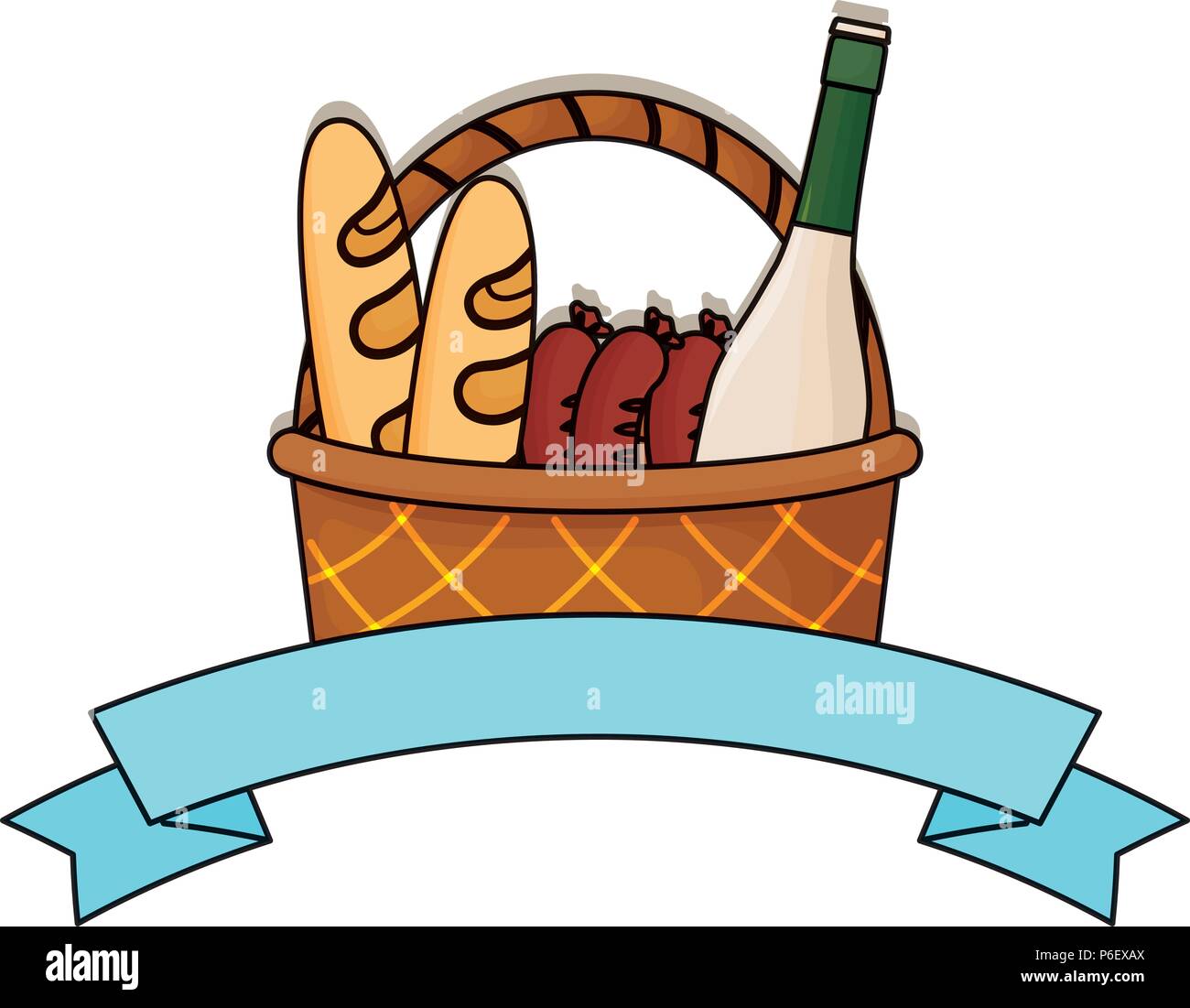 decorative ribbon with Picnic basket with sausages and champagne bottle icon over white