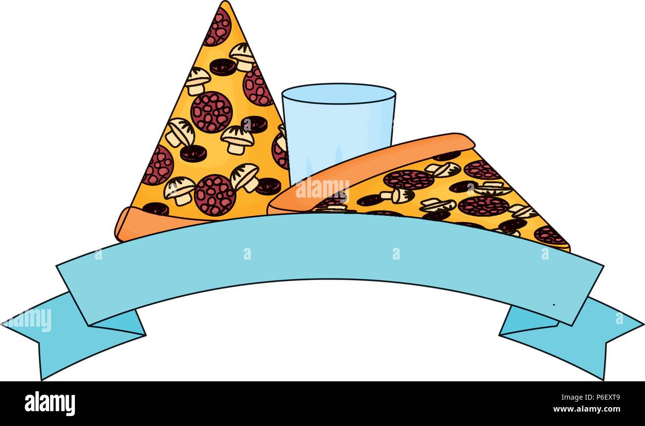 decorative ribbon with pizza slices and glass icon over white ...