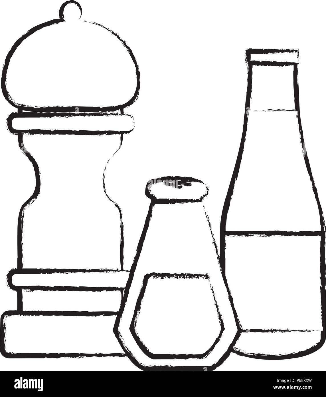 pepper mill with salt bottle and ketchup bottle icon over white