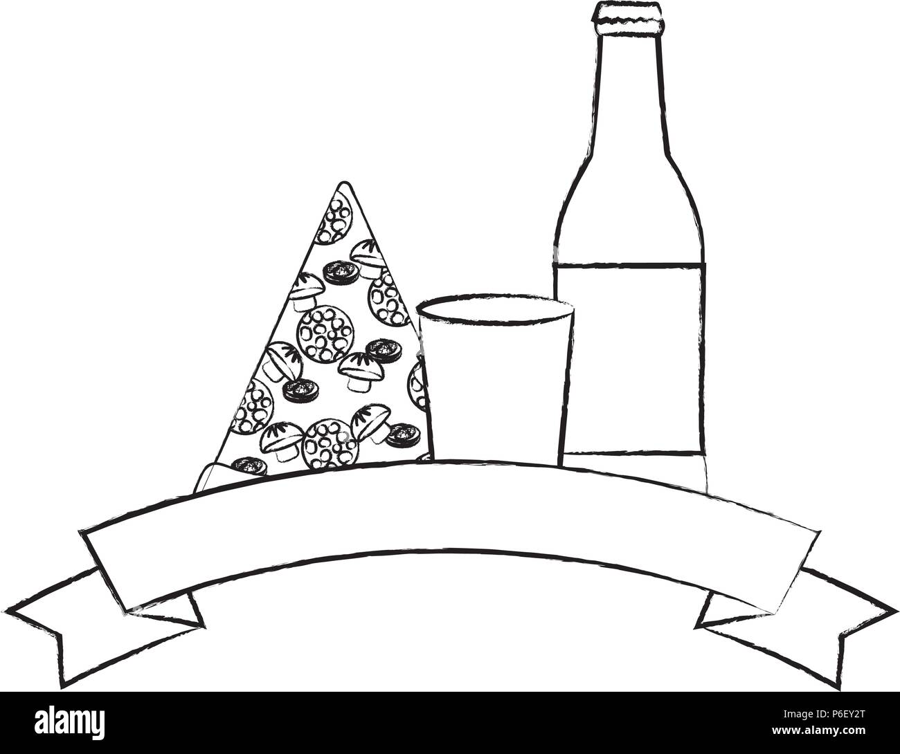 decorative ribbon with pizza and beer bottle over white background. vector illustration Stock Vector